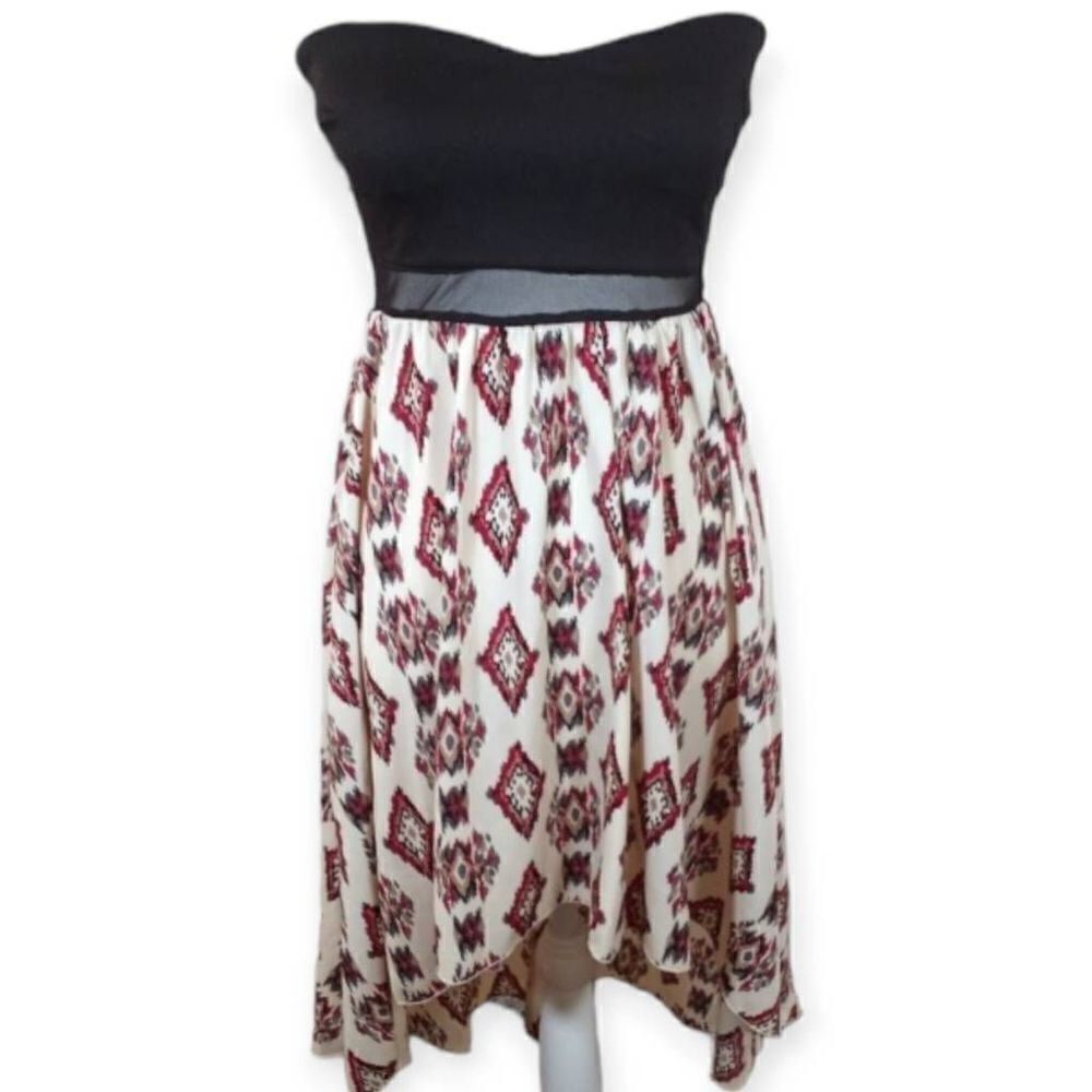 TRAC STRAPLESS BLACK, CREAM, & RED HI-LO DRESS SZ.S EUC